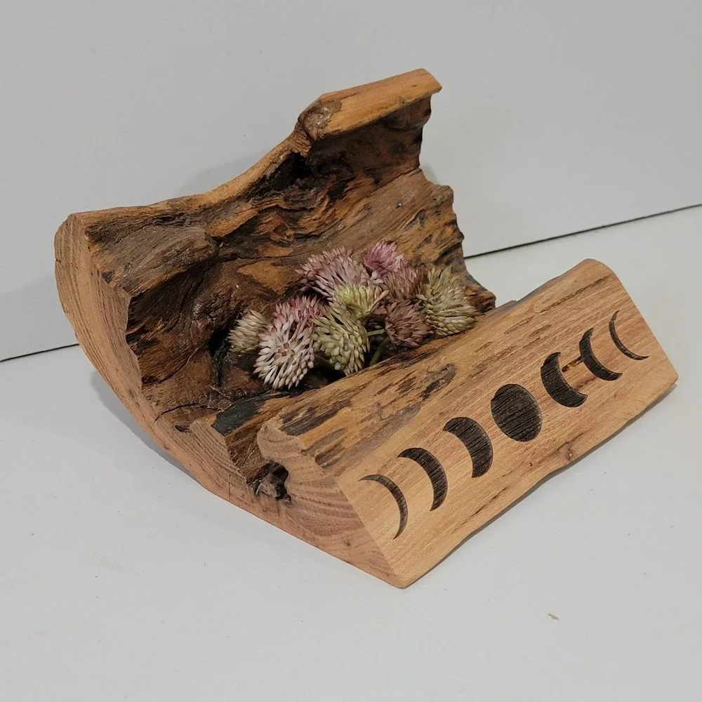 Handmade Live Edge Wood Moon Phase Half hollow log root Rustic Celestial Decor